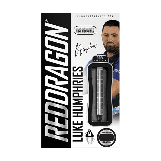 RD2505_Red_Dragon_Luke_Humphries_TX1_Softdarts_3 Auf dem Bild ist die Verpackung der "Red Dragon Luke Humphries TX1 Softdarts - 20g" zu sehen. Die Schachtel zeigt einen Dartpfeil und ein Bild von Luke Humphries, mit dem Hinweis auf 90% Tungsten.