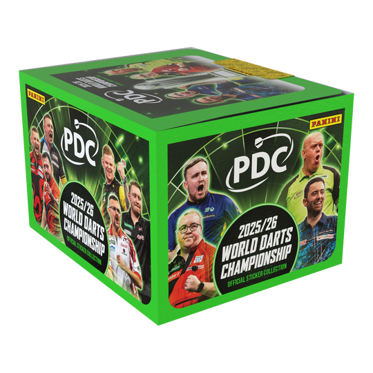 Panini PDC World Darts Championship 2025/26 - Softcover Bundle with a sticker box Hier abgebildet ist noch einmal das Panini PDC World Darts Championship 2025/26 Softcover Bundle mit einer Stickerbox. Das Bundle ist ideal für Stickersammler der Darts-Weltmeisterschaft.