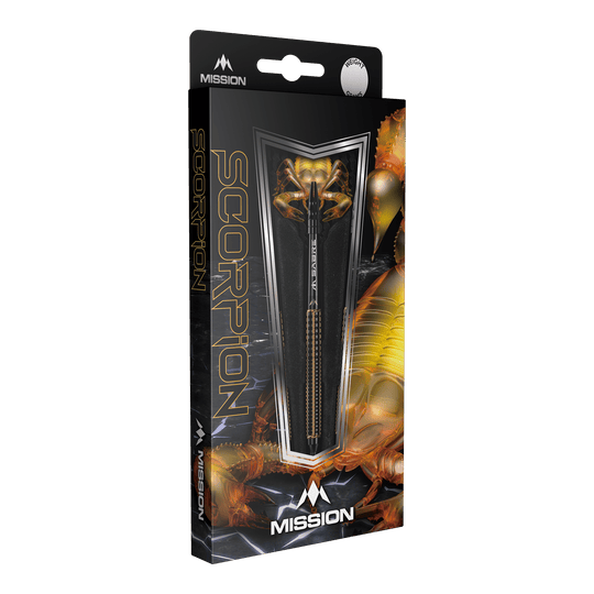 Mission Scorpion soft darts - 19g Die Abbildung zeigt die Verpackung der "Mission Scorpion Softdarts - 19g". Das Design ist schwarz-gold mit einem Skorpionmotiv und zeigt einen Dartpfeil in der Mitte.