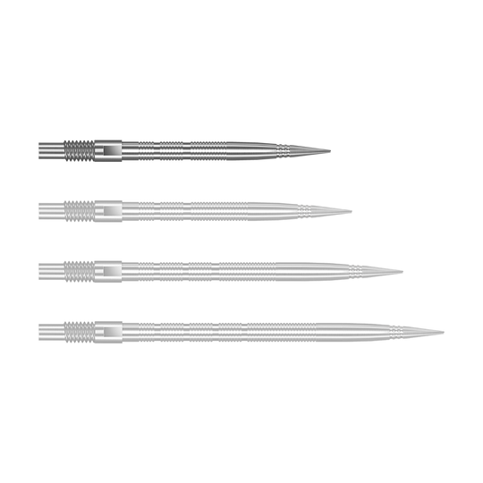 Silberne Harrows Quick Point MicroRidge Dartspitzen mit 26 mm Länge werden dargestellt. Die Spitzen liegen einzeln auf einer hellen Oberfläche.