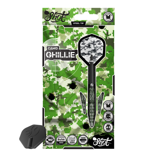 Shot Camo Ghillie Turbo Point Steeldarts mit 23 Gramm. Die Darts sind in einem speziellen Tarnmuster gehalten.