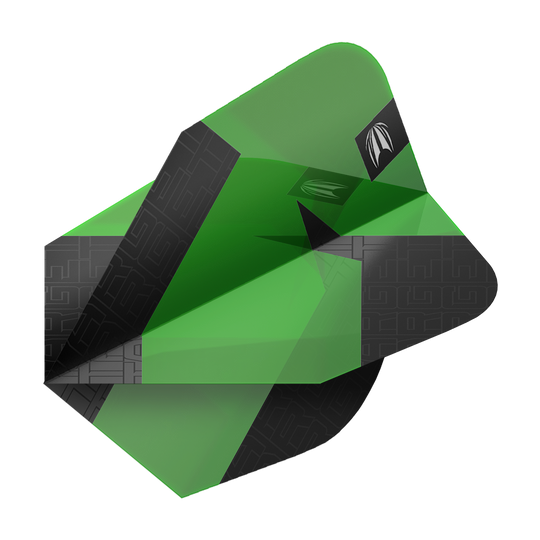 Das Bild zeigt einen grünen Dartflight mit schwarzen Akzenten aus der Serie "Target Pro Ultra TAG Grün Ten-X Standard Flights". Das moderne Design hebt sich durch klare Farben und Muster hervor.