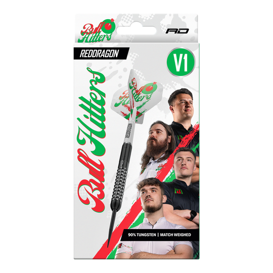 Red Dragon Bullhitters V1 Steeldarts - 23g Das Bild zeigt die Red Dragon Bullhitters V1 Steeldarts mit einem Gewicht von 23g. Diese Darts sind für das Steeldart-Spiel geeignet.