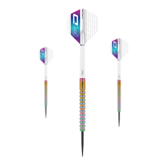 Red Dragon Javelin Spectron Steeldarts Auf dem Bild sind drei moderne Wurfpfeile für Darts zu sehen. Sie haben bunte Griffe und weiße Flights mit einem auffälligen RD-Logo.