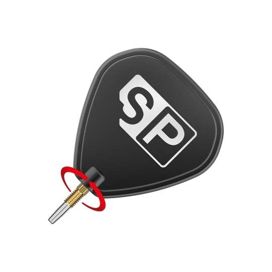 Target Swiss Point Chrono Dart Tips - Gold Das Bild zeigt eine schwarze Dartspitze mit den weißen Buchstaben "SP" darauf. Ein roter Pfeil deutet auf eine Drehbewegung an der goldenen Schraubverbindung hin.