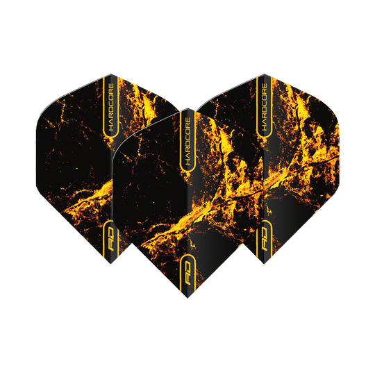 TF6634_Red_Dragon_Hardcore_Radical_Golden_Strike_Standard_Flights_1Doua8YrF3w1gj Das Bild zeigt drei Dartflights mit der Aufschrift "HARDCORE" und einem auffälligen schwarzen und goldenen Flammenmuster. Es handelt sich um das Produkt "Red Dragon Hardcore Radical Golden Strike Standard Flights".