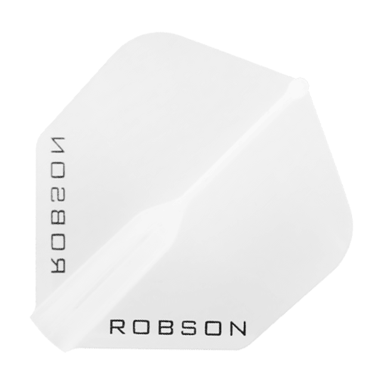 Robson Plus Flights - Standard Das Bild zeigt einen klaren, sechseckigen Dartflight mit dem Schriftzug "ROBSON" in schwarzer Farbe. Das Design ist schlicht und durchsichtig gehalten.