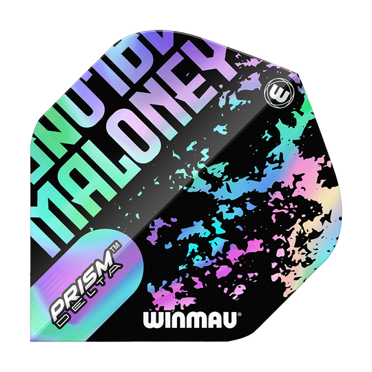 Das Bild zeigt ein Winmau Prism Delta Mike Maloney Standard Flight für Darts. Das Flight hat ein auffälliges, buntes Design mit dem Namen "Maloney" und dem Winmau-Logo.
