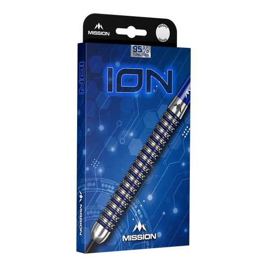 Mission ION Blue Silver Steeldarts sind auf diesem Bild zu sehen. Das Produkt zeichnet sich durch seine blaue und silberne Farbgebung aus.