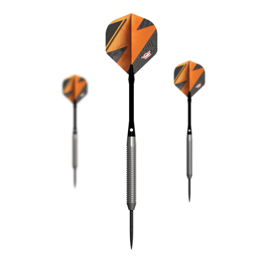 Bulls NL Lightning Orange Steel Darts Das Bild zeigt drei Steeldarts der Marke "Bulls NL Lightning Orange". Die Darts haben einen auffälligen orange-schwarzen Flight und einen silbernen Schaft.