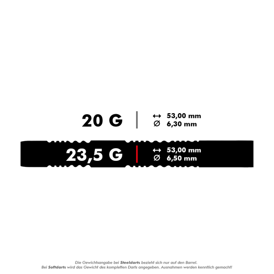 Das Bild zeigt die technischen Daten der Winmau Michael Van Gerwen Exact Softdarts. Das Gewicht beträgt 23,5 Gramm, die Länge 53,00 mm und der Durchmesser 6,50 mm.