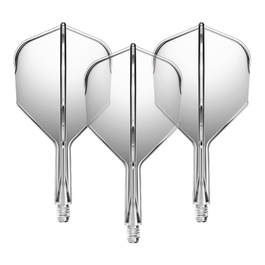 Das Bild zeigt drei durchsichtige Dartflights mit kurzen Schäften. Sie sind nebeneinander angeordnet und besitzen eine klare, glänzende Oberfläche.