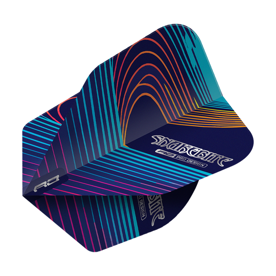 Red Dragon Peter Wright Snakebite Multi No6 Flights Das Bild zeigt ein Dart-Flight mit dem Namen "Red Dragon Peter Wright Snakebite Multi No6 Flights". Das Flight hat ein auffälliges Design mit bunten Linien auf dunklem Hintergrund.