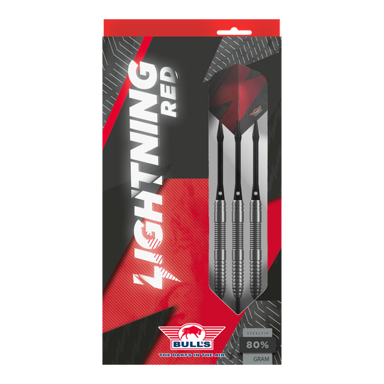Bulls NL Lightning Red steel darts Das Bild zeigt die Verpackung der "Bulls NL Lightning Red Steeldarts". In der Packung sind drei silberne Steeldarts mit roten Flights zu sehen.