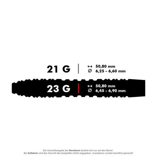 1483_Winmau_Joe_Cullen_Ignition_Series_Steeldarts_5_23g Das Bild zeigt die Maße und das Gewicht von zwei Steeldarts-Varianten aus der Ignition Series. Die 23-Gramm-Variante ist 50,80 mm lang und hat einen Durchmesser von 6,45 bis 6,90 mm.