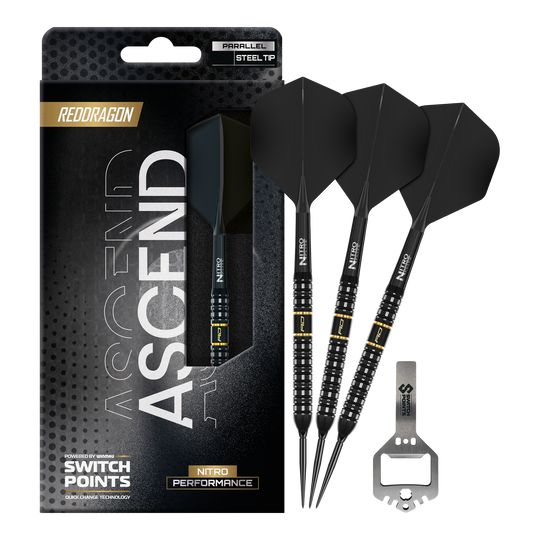 Red Dragon Ascend Parallel Switch Point Steeldarts Das Bild präsentiert die Red Dragon Ascend Parallel Switch Point Steeldarts in voller Länge. Die Details des kompletten Darts sind gut erkennbar.