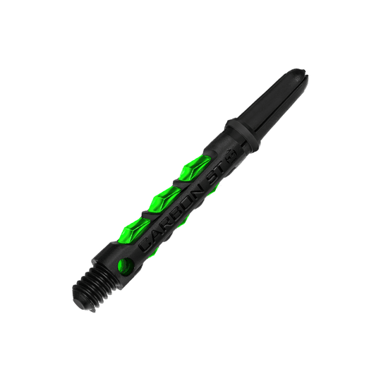 HR423_Harrows_Carbon_ST_Shafts_Gr-n_40mm_2 Das Bild zeigt einen Harrows Carbon ST Shaft in der Farbe Grün. Der Schaft hat ein modernes Design mit grünen Akzenten und schwarzem Schriftzug.