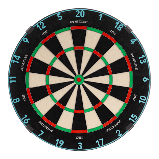 Das Precise 180 Endorphine Steeldartboard mit Nummernring in Infinity Blue ist abgebildet. Es bietet optimale Bedingungen für ein präzises Dartspiel.