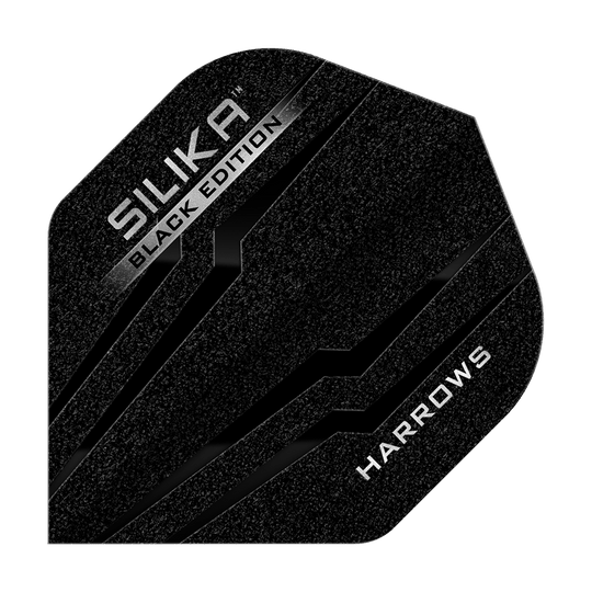 Harrows Silika Black Edition No2 Standard Flights Das Bild zeigt das Produkt "Harrows Silika Black-Edition No2 Standard Flights". Das Flight ist schwarz mit silbernen Akzenten und markanten Schriftzügen.