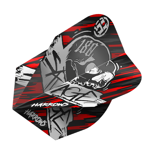 Das Bild zeigt das Produkt "Harrows Savage Red Silver No6 Flights". Das Design ist in Rot, Silber und Schwarz gehalten und zeigt einen Totenkopf mit den Worten "Harrows" und Graffiti-Elementen.