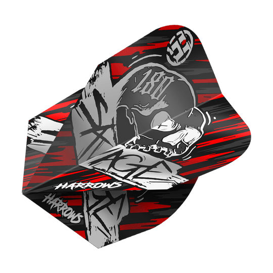 Harrow's Savage Red Silver No6 Flights Das Bild zeigt das Produkt "Harrows Savage Red Silver No6 Flights". Das Design ist in Rot, Silber und Schwarz gehalten und zeigt einen Totenkopf mit den Worten "Harrows" und Graffiti-Elementen.