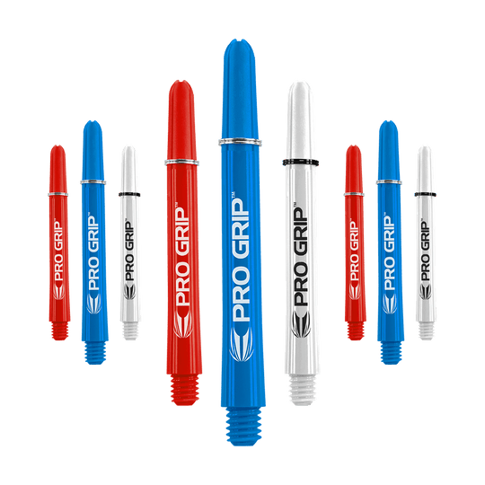 Das Bild zeigt neun Dart-Shafts in den Farben Blau, Rot und Weiß. Auf jedem Shaft steht der Schriftzug "PRO GRIP" mit einem kleinen Logo darunter.