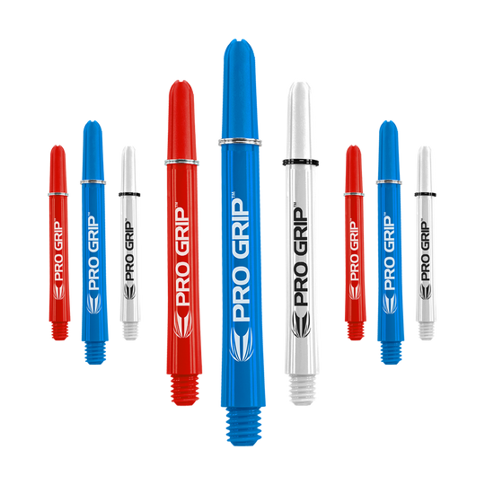 Target Pro Grip Shafts - 3 Sets - Red Blue White Das Bild zeigt neun Dart-Shafts in den Farben Blau, Rot und Weiß. Auf jedem Shaft steht der Schriftzug "PRO GRIP" mit einem kleinen Logo darunter.