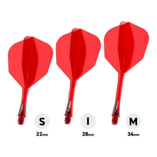 Das Bild stellt das Winmau Fusion Flight-Shaft-System No6 in Rot dar. Dieses System kombiniert Flight und Shaft in einem roten Design.