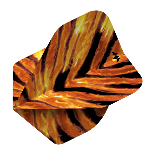 Das Bild zeigt die Mission Solo Javan No2 Standard Flights mit einem auffälligen orange-schwarzen Muster. Das Design erinnert an feurige Streifen und verleiht den Flights ein dynamisches Aussehen.