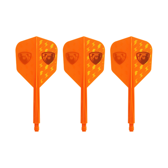 Das Bild zeigt drei orangefarbene Dartflights mit integriertem Schaft. Die Flights haben Blitzmuster und ein Logo aufgedruckt.