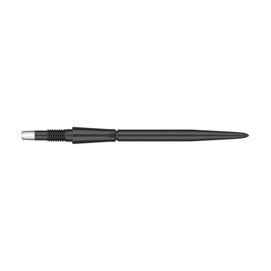 Target Swiss Storm Point Dart Tips - Black Das Bild zeigt eine schwarze Dartspitze mit einem geriffelten Griffbereich. Die Spitze ist lang und schmal, ideal für den Einsatz bei Dartpfeilen.