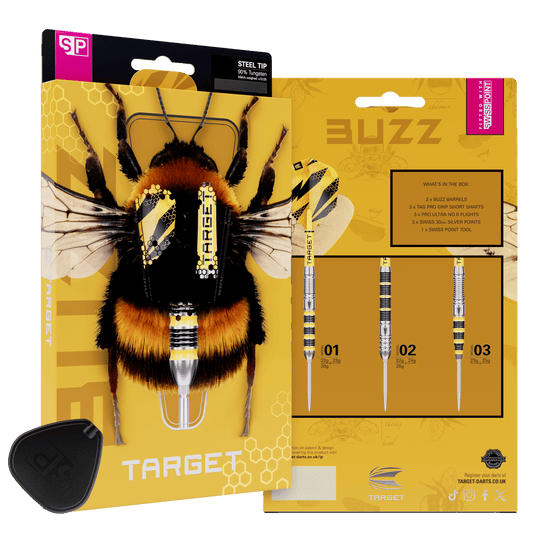 Target Buzz 03 Swiss Points steel darts Hier sind die Target Buzz 03 Swiss Points Steeldarts abgebildet. Die Steeldarts überzeugen mit hoher Qualität.