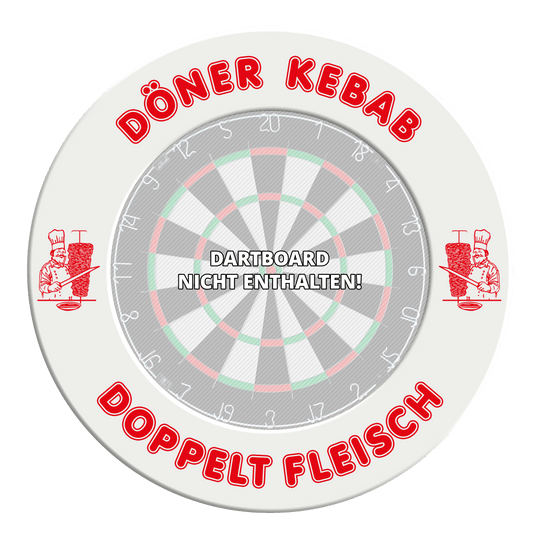 Das Bild zeigt das McDart Dartboard Surround Döner mit personalisierbarem Text. Es handelt sich um einen Schutzring für Dartscheiben.