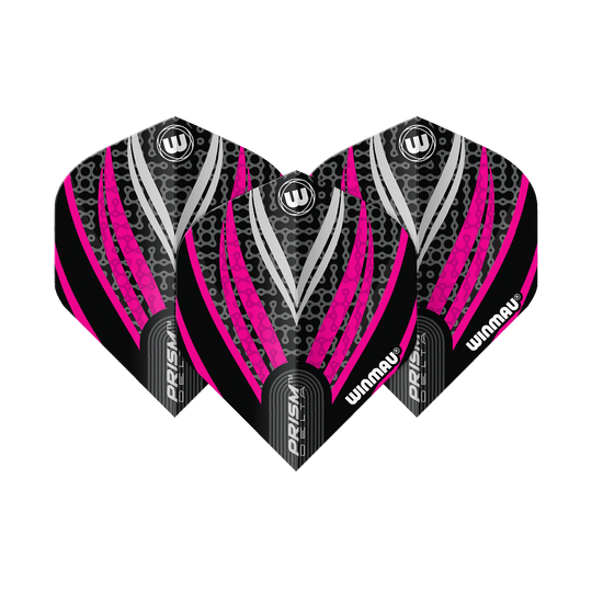 Das Bild zeigt drei Dart-Flights des Modells "Winmau Prism Delta Schwarz Weiß Pink No2 Standard". Die Flights haben ein auffälliges Design in Schwarz, Pink und Weiß mit dem Winmau-Logo.