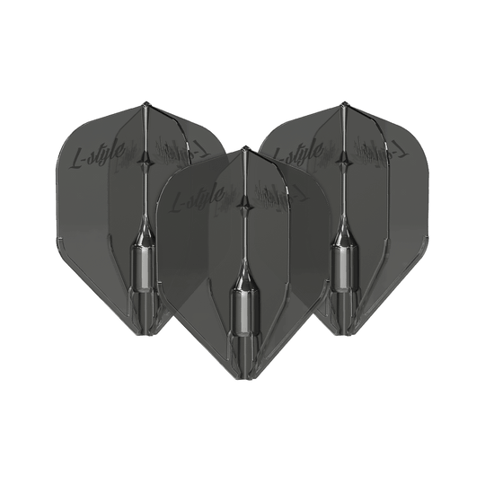 L-Style Fantom L3EZ Flights Clear Black Das Bild zeigt drei schwarze, transparente Dart-Flights des Modells "L-Style Fantom L3EZ". Auf den Flights ist der Schriftzug "L-style" zu sehen.