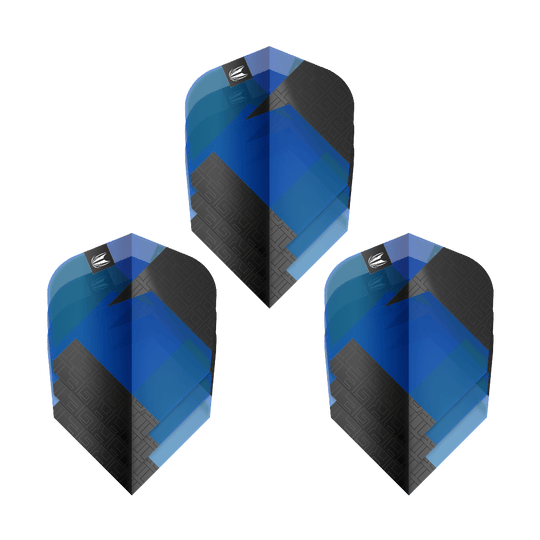 Target Pro Ultra TAG Blue Ten-X Standard Flights - 3 Sets Das Bild zeigt drei blaue und schwarze Dart-Flights mit geometrischem Muster. Es handelt sich um das Produkt "Target Pro Ultra TAG Blau Ten-X Standard Flights - 3 Sets".