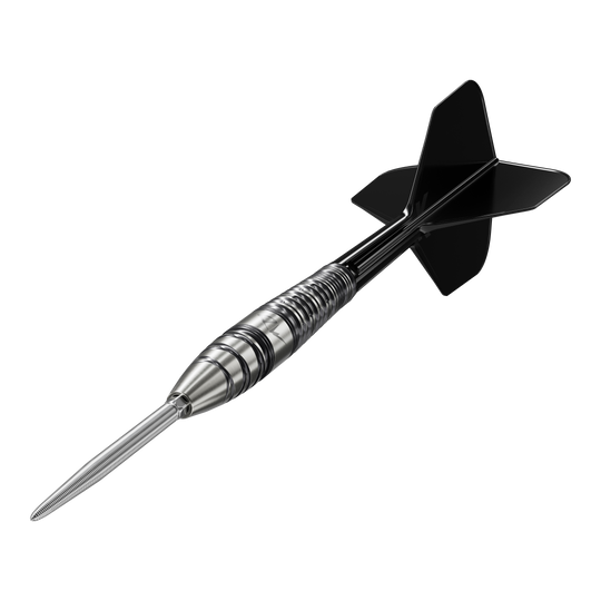 Das Bild zeigt einen hochwertigen Steeldartpfeil mit schwarzem Flight und silbernem, gerilltem Barrel. Es handelt sich um das Produkt "Target Japan Black Marque PW 2 SP Steeldarts."