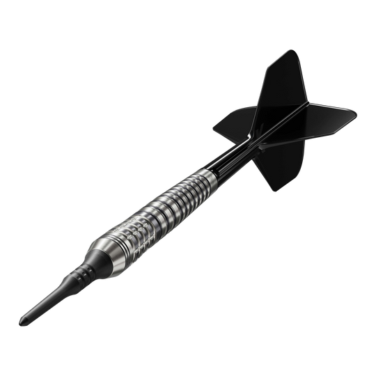 Das Bild zeigt einen Softdartpfeil mit schwarzer Spitze und schwarzen Flights. Es handelt sich um das Modell "Target Japan Black Marque Renegade 4 Softdarts - 19g".