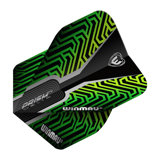 Winmau Prism Delta Kairos No2 Standard Flights Green Das Bild zeigt ein Dartflight des Modells "Winmau Prism Delta Kairos No2 Standard" in Grün. Das Flight hat ein auffälliges, geometrisches Muster in Grün- und Schwarztönen mit dem Winmau-Logo.