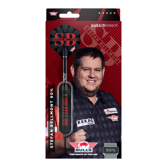 Gezeigt werden die Bulls NL Stefan Bellmont 90 Steeldarts 23g. Sie sind ideal für den Einsatz im Wettkampfsport geeignet.