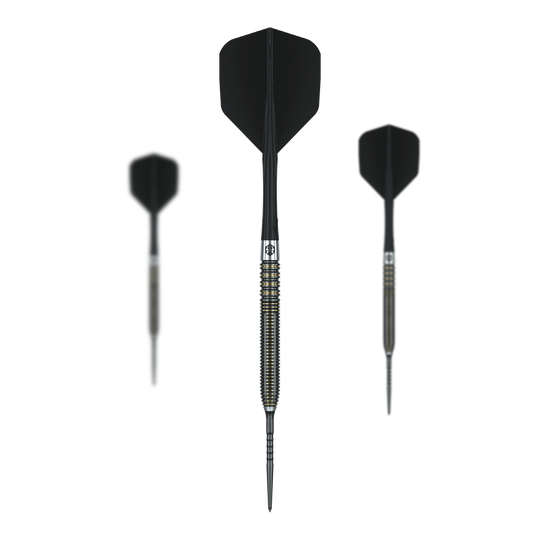 Abgebildet ist ein Set Caliburn V-Series V2 Steeldarts. Die Pfeile sind für präzises Dartspielen konzipiert.