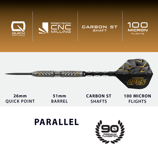 Das Bild präsentiert die Harrows Opus Quick Point Steeldarts - 23g. Sie zeichnen sich durch ihre hochwertige Verarbeitung aus.