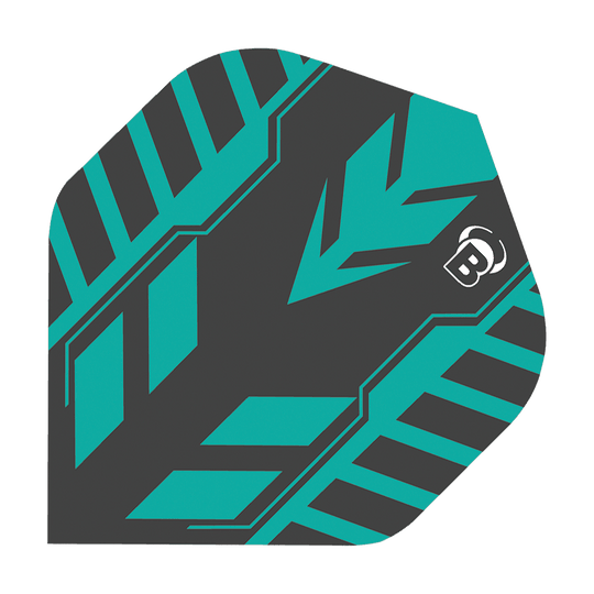 Das Bild zeigt ein Dart-Flight des Modells "Bulls B-Star Veco No2 Standard Flights". Das Flight hat ein modernes Design in Schwarz und Türkis mit einem auffälligen Muster und einem kleinen weißen "B"-Logo.