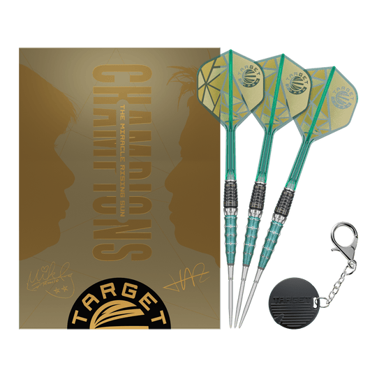 Target Japan The Rising Miracle Combination Limited Edition Swiss Point Steeldarts Ein weiteres Gruppenbild der Target Japan The Rising Miracle Combination Limited Edition Swiss Point Steeldarts. Die Darts liegen symmetrisch.