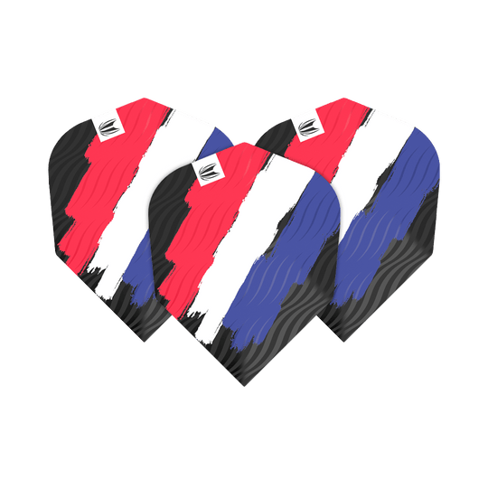 TG13_335780_Target_ProUltra_Flag_Holland_No6_Flights_1Pmc7efCi0JYiG Das Bild zeigt drei Dart-Flights mit einem Muster in den Farben Rot, Weiß und Blau, das an die niederländische Flagge erinnert. Die Flights gehören zum Produkt "Target ProUltra Flag Holland No6 Flights".