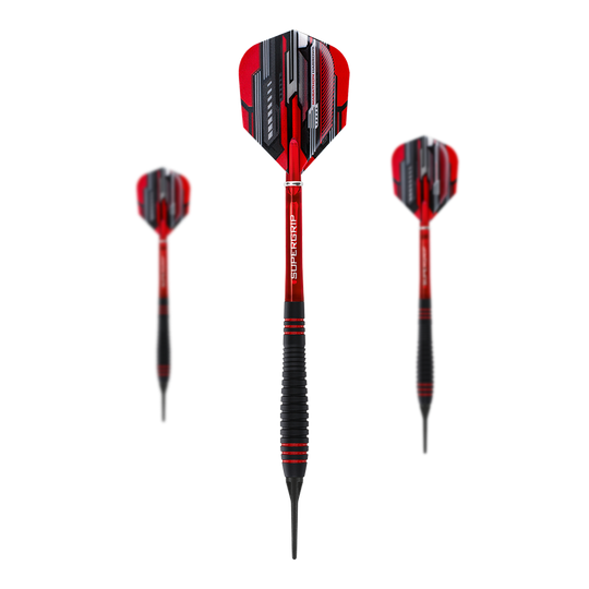 Harrows ACE Rubber Grip Soft Darts Auf dem Bild sind drei Harrows ACE Rubber Grip Softdarts zu sehen. Die Pfeile haben rote Flights mit schwarzem und silbernem Muster sowie schwarze Griffe mit roten Akzenten.