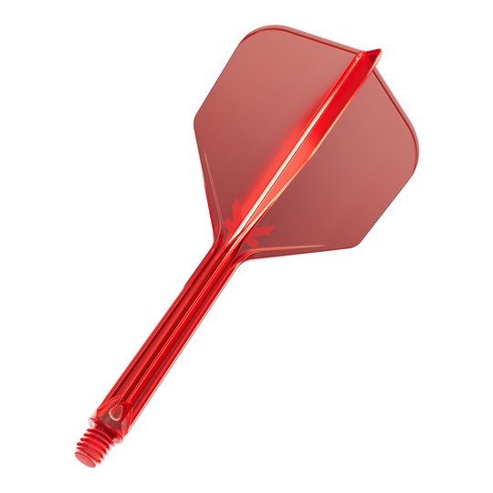 Das Bild zeigt einen roten Dart-Flügel mit Schaft aus Kunststoff. Er hat eine sechseckige Form und ein Schraubgewinde am Ende.