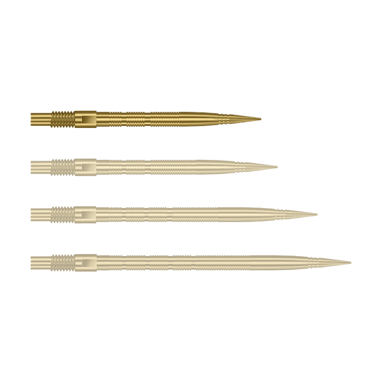 Harrows Quick Point Micro Ridge Dart Tips - Gold Abgebildet sind goldene MicroRidge Dartspitzen mit einer Länge von 26 mm. Das Produkt ist vermutlich von Harrows, Modell Quick Point.