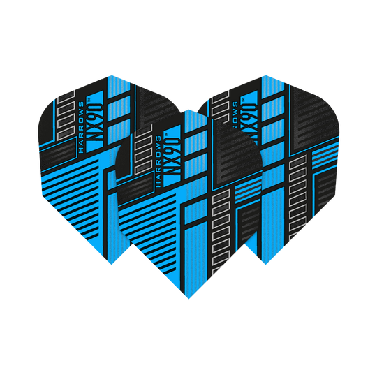 Das Bild zeigt drei Harrows Prime NX90 Blue Flights für Darts. Die Flights sind schwarz und blau mit einem modernen, geometrischen Design.