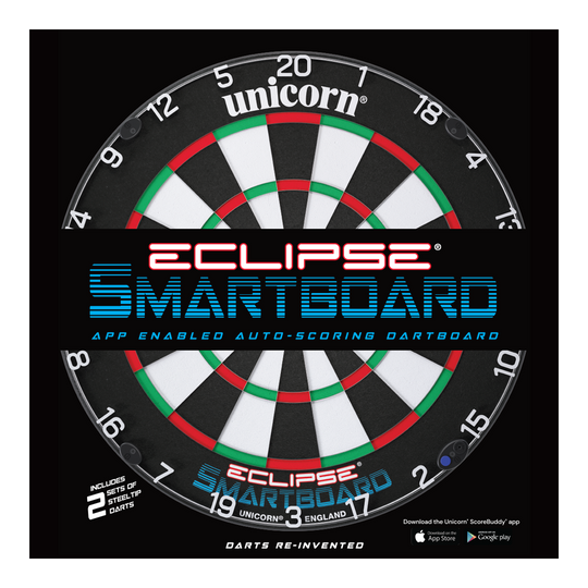 Unicorn Eclipse Smartboard steel dartboard Das Bild zeigt das Produkt "Unicorn Eclipse Smartboard Steeldartboard". Es handelt sich um eine App-unterstützte Steeldart-Scheibe mit automatischer Punkteauswertung.